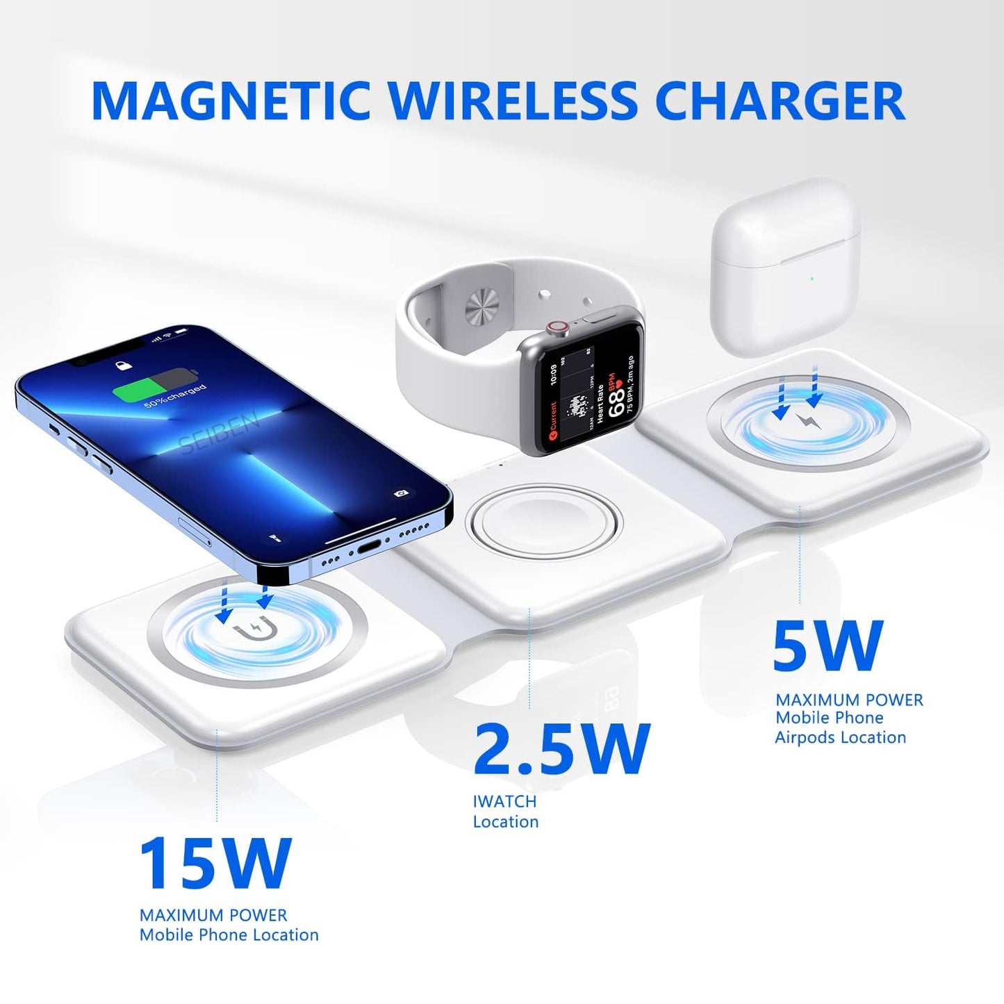 3 in 1 Magnetic Foldable MagSafe Wireless Charger – For iPhone 12 to 17 Series