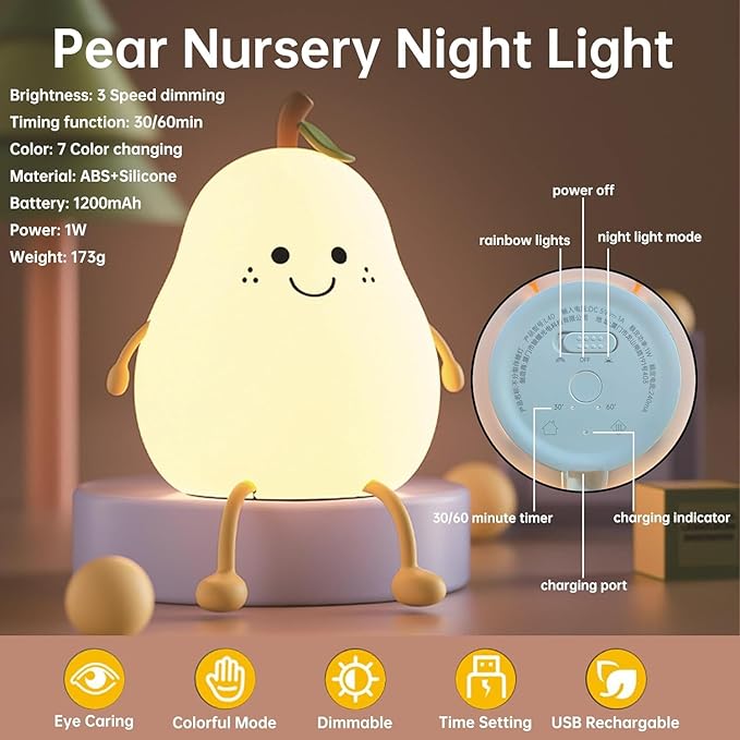 Cute Pear Silicone Lamp – Color-Changing Night Light for Kids’ Room